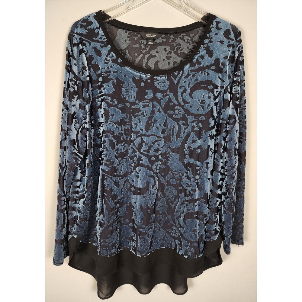 Simply Vera Vera Wang‎ Velvet Burnout Sheer Trim Dark Floral Top Sz 0X